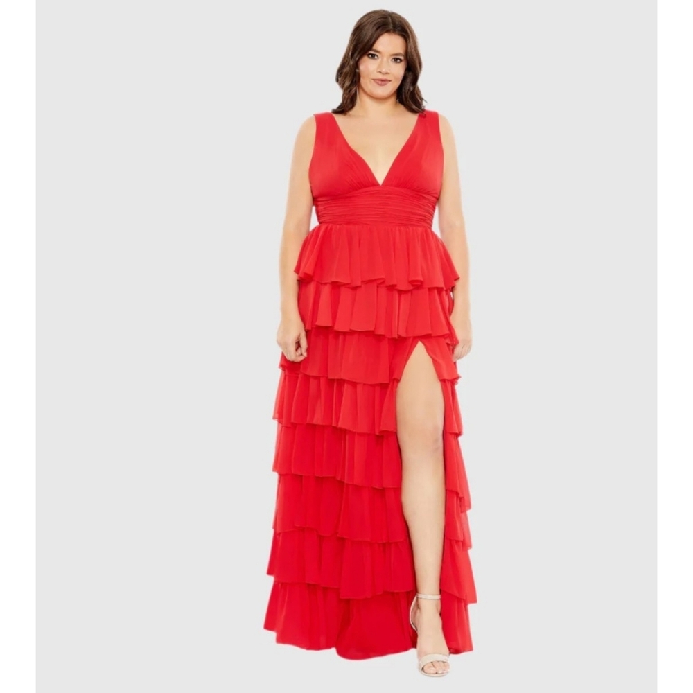 Mac Duggal red tiered ruffle leg slit gown